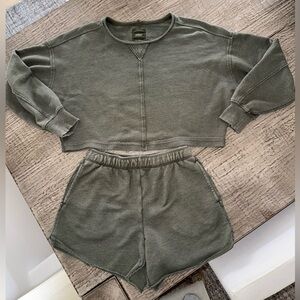 Aerie sweatshirt and shorts top medium bottoms small green gray color